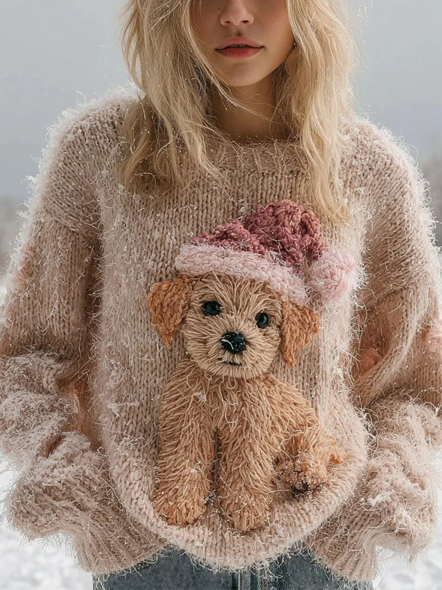 Women’s Vintage Christmas Dog Art Knitted Sweater As picture / S