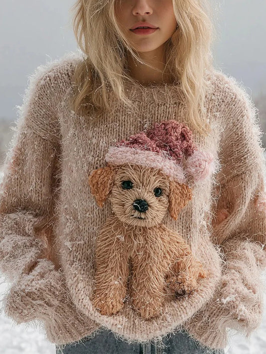 Women's Vintage Christmas Dog Art Knitted Sweater