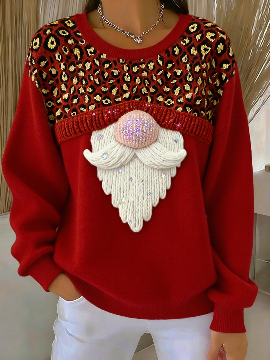 Women's Vintage Leopard Print Christmas Dwarf Crew Neck Pullover