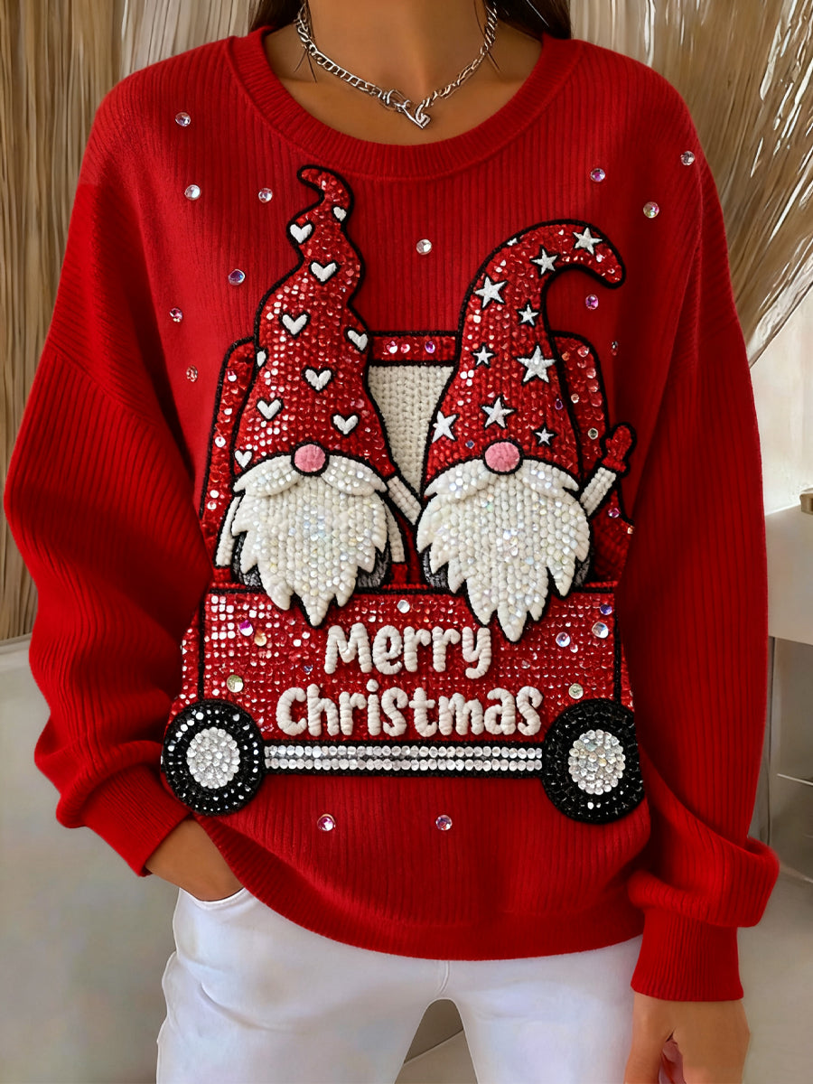 Women's Christmas Vintage Cute Gnome Crew Neck Pullover