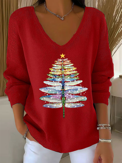 Women's Dragonfly Christmas Tree Print Casual Top