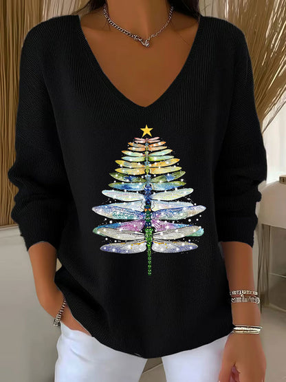 Women's Dragonfly Christmas Tree Print Casual Top