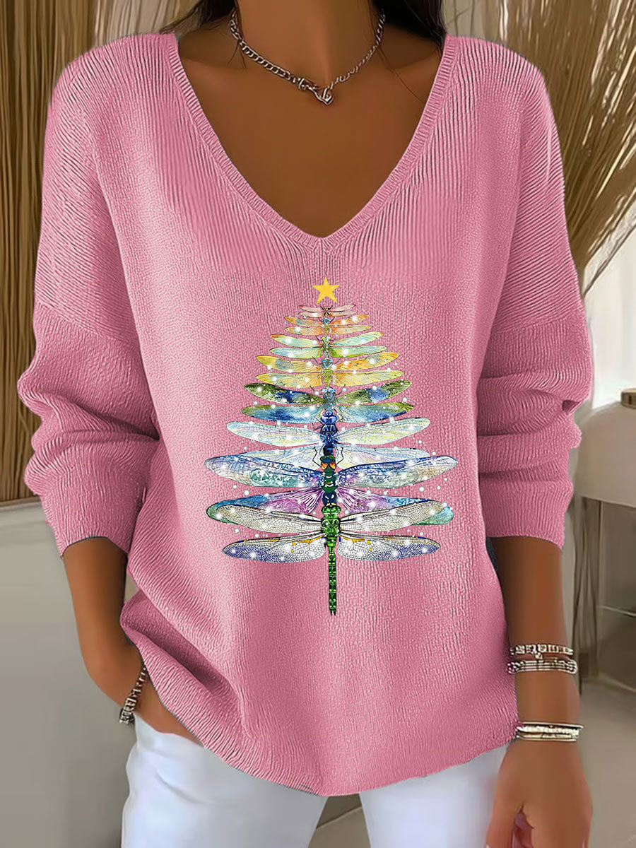 Women's Dragonfly Christmas Tree Print Casual Top