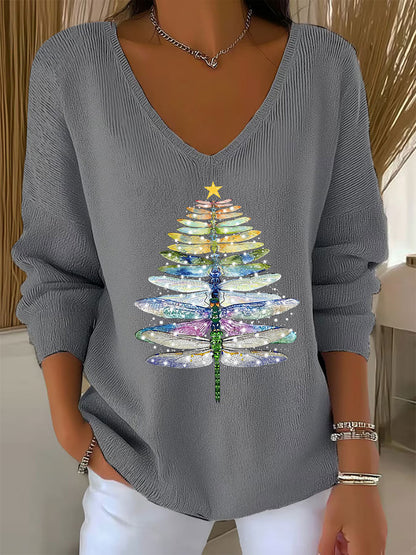 Women's Dragonfly Christmas Tree Print Casual Top