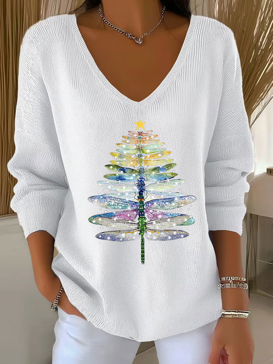 Women's Dragonfly Christmas Tree Print Casual Top