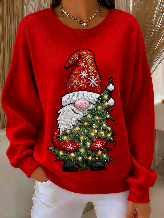 Women's Vintage Christmas Gnome Christmas Tree Crew Neck Pullover