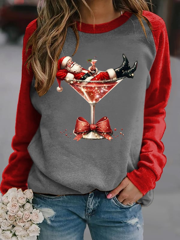 Women's Santa Claus and red wine glass print raglan sleeve sweatshirt