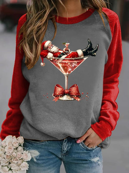 Women's Santa Claus and red wine glass print raglan sleeve sweatshirt