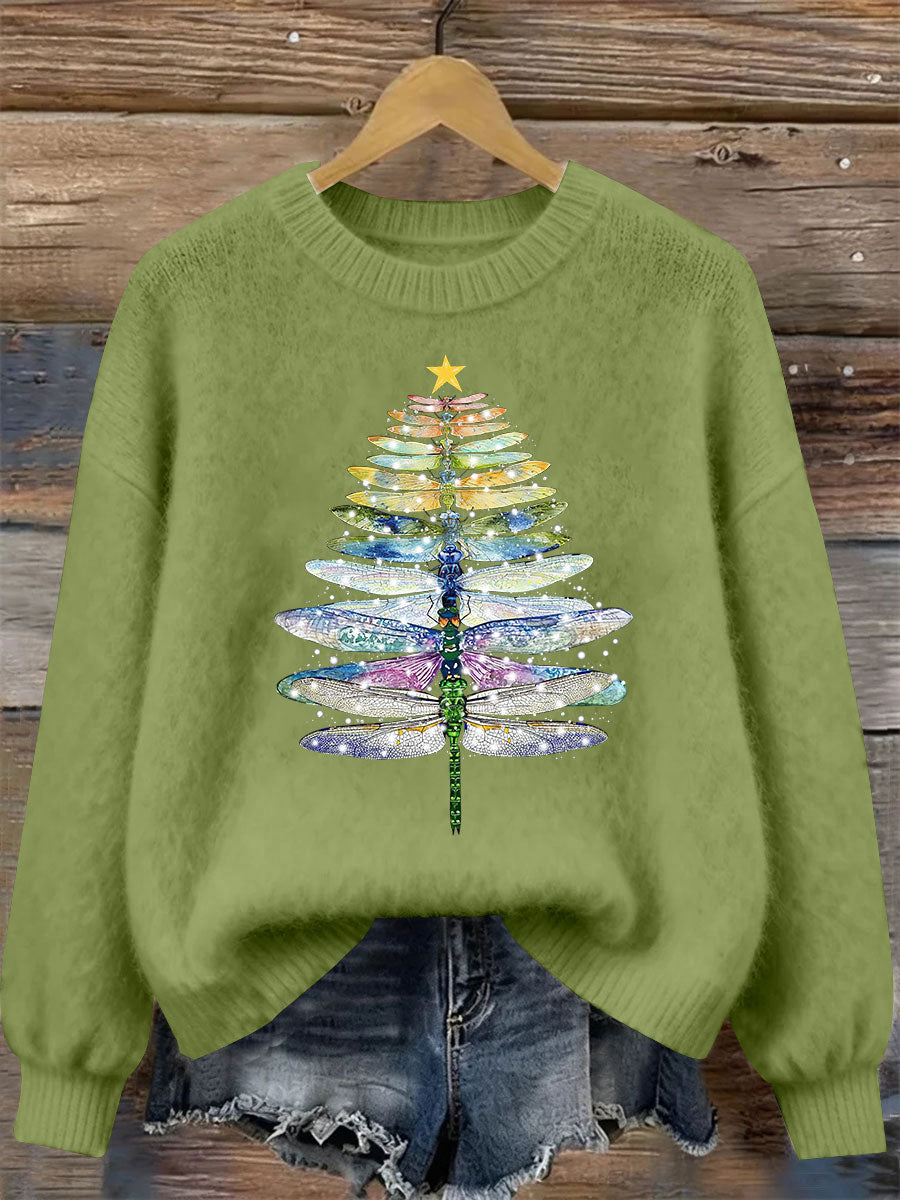 Women's Dragonfly Christmas Tree Print Casual Top