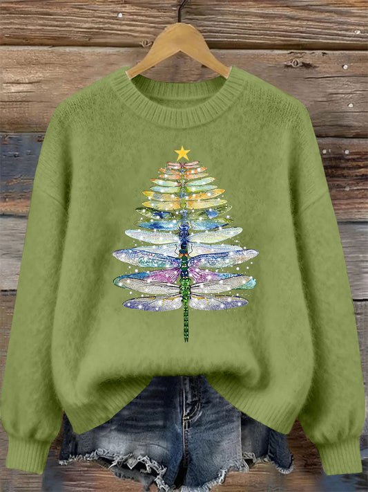 Women's Dragonfly Christmas Tree Print Casual Top