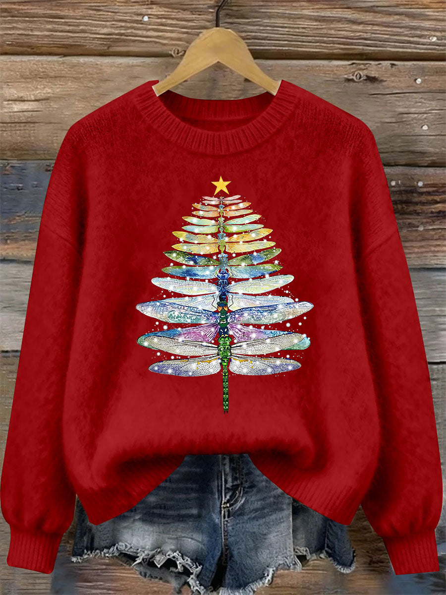 Women's Dragonfly Christmas Tree Print Casual Top