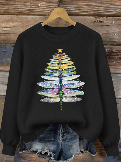 Women's Dragonfly Christmas Tree Print Casual Top
