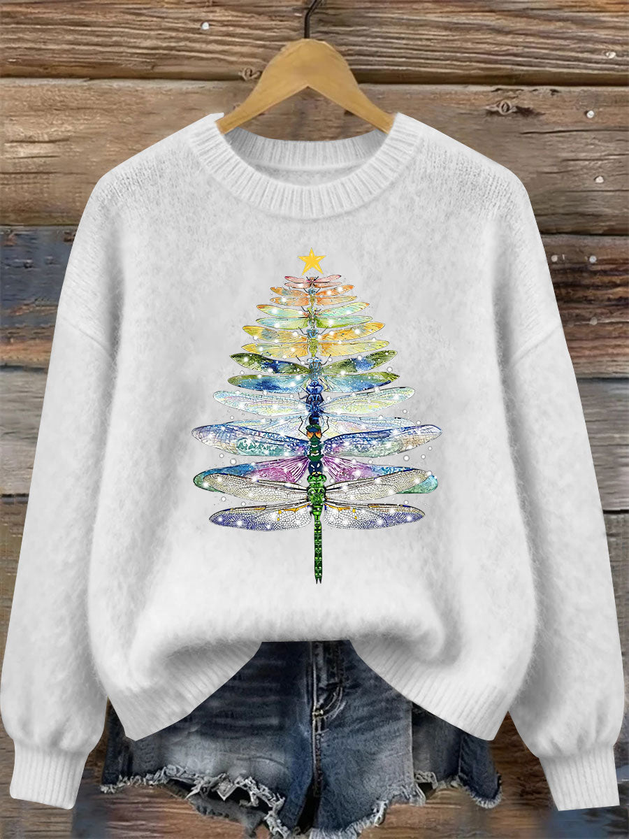 Women's Dragonfly Christmas Tree Print Casual Top
