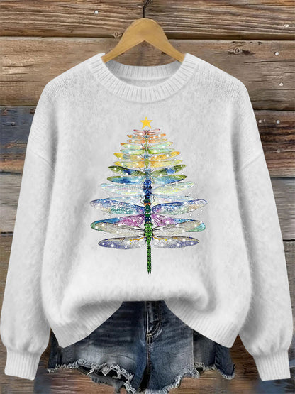 Women's Dragonfly Christmas Tree Print Casual Top