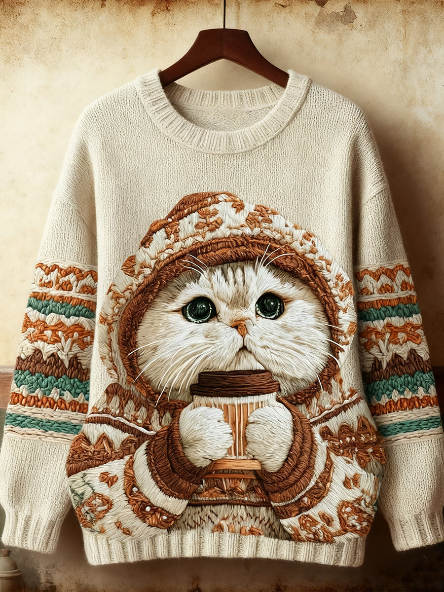 Women’s Cute Winter Cat Art Sweatshirt As picture / S