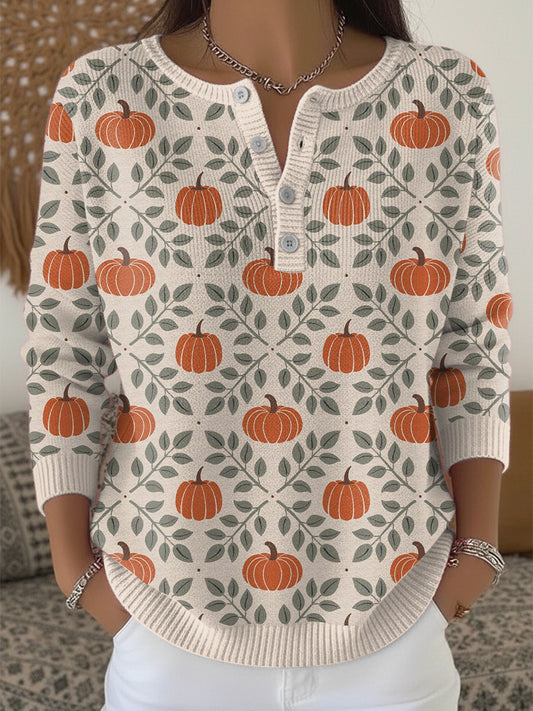 Women's Pumpkin Thanksgiving Henley neck sweater