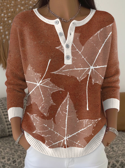 Women's Chestnut Maple Leaf Thanksgiving Henley neck sweater