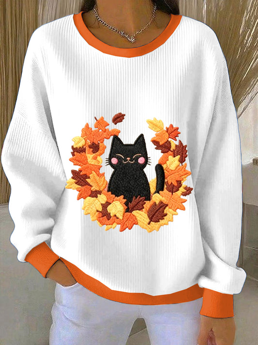 Women's Thanksgiving Adorable Kittens Loose-Fit Crewneck Pullover