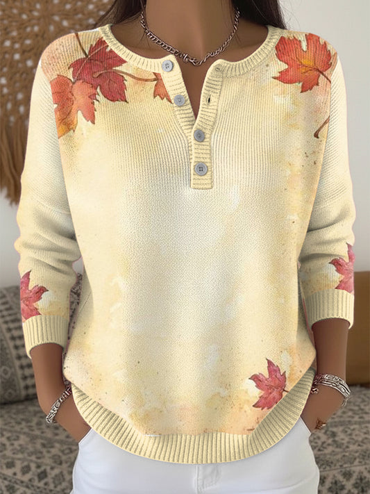 Women's Maple Leaf Minimalist Thanksgiving Henley neck sweater