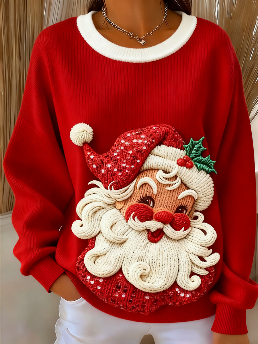 Women’s Christmas Santa Claus Art Ribbed Round-Neck Sweatshirt Red / S