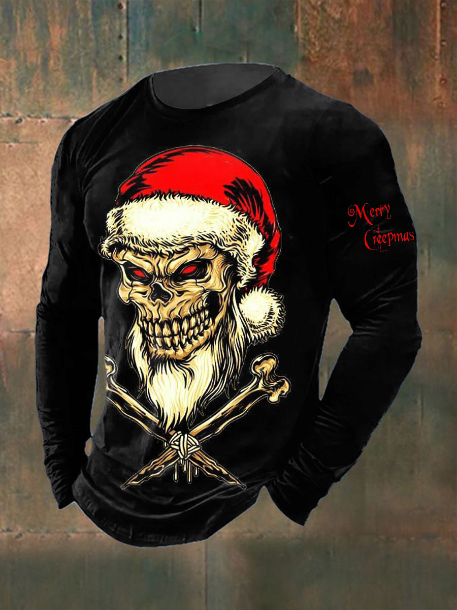 Men's Christmas Skull Printed Long Sleeved Round Neck T-shirt