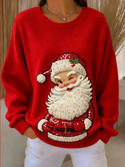 Women’s Christmas Santa Claus Art Ribbed Round-Neck Sweatshirt Red / S