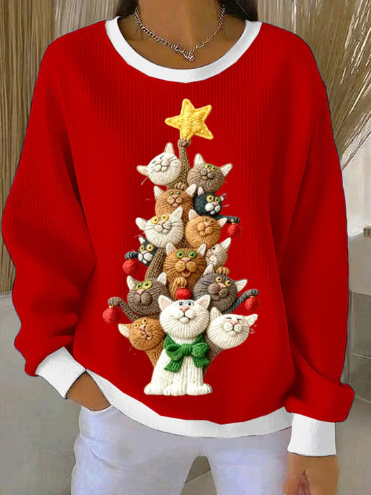 Women's Christmas Tree Cute Cat  Art Ribbed Round-Neck Sweatshirt