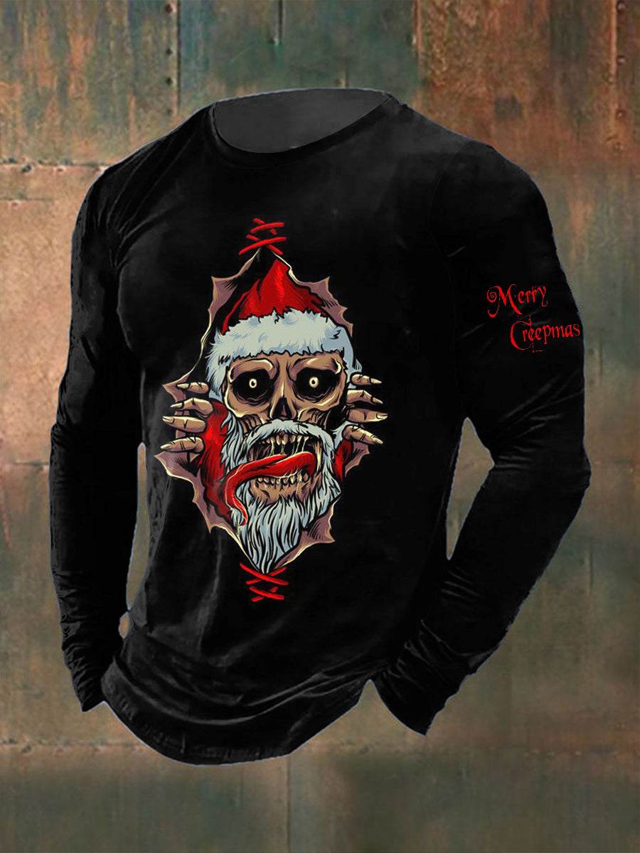 Men's Christmas Skull Printed Long Sleeved Round Neck T-shirt