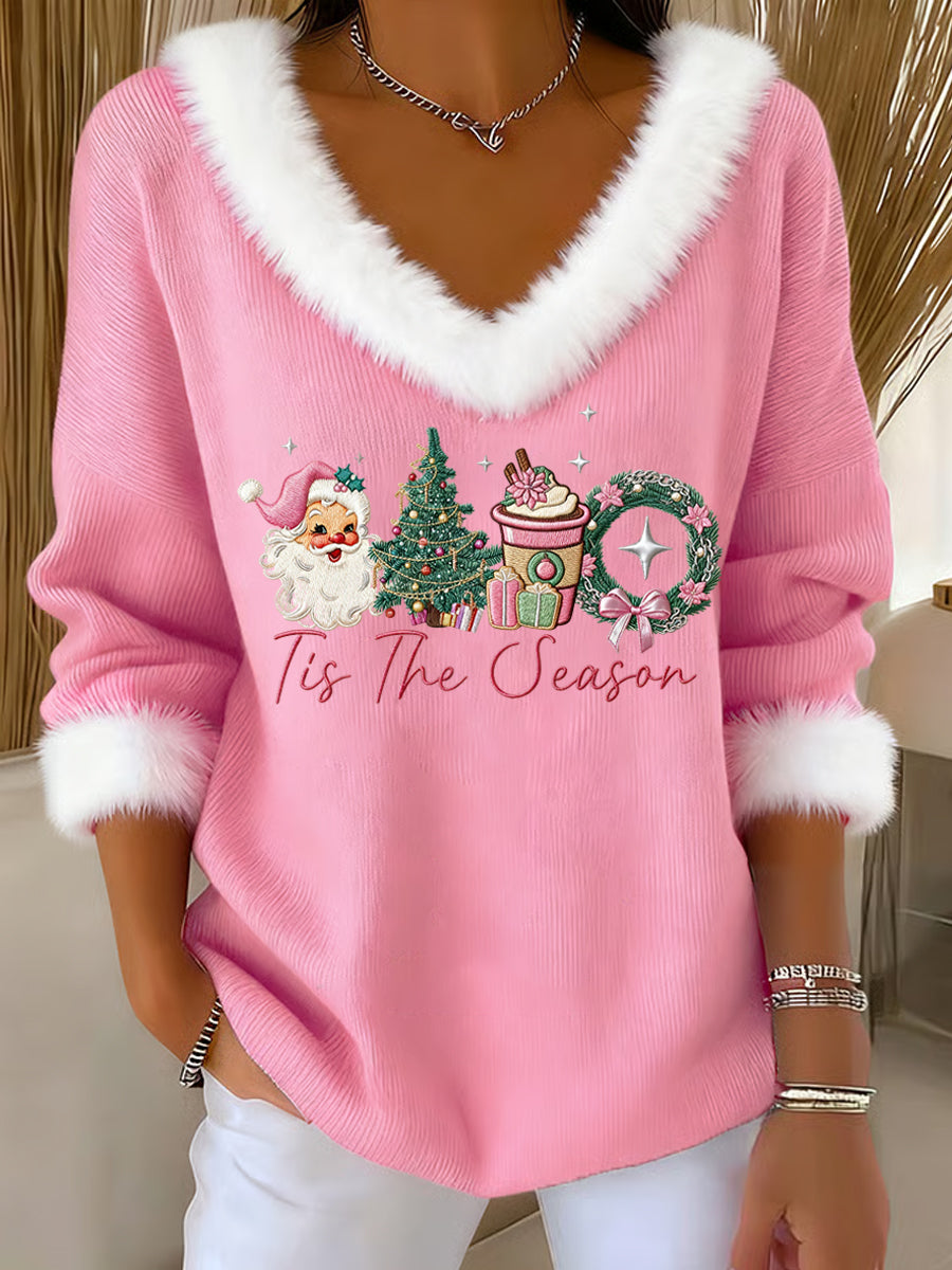 Women's Pink Christmas Sants Claus Print Casual Fur Collar V-Neck Top