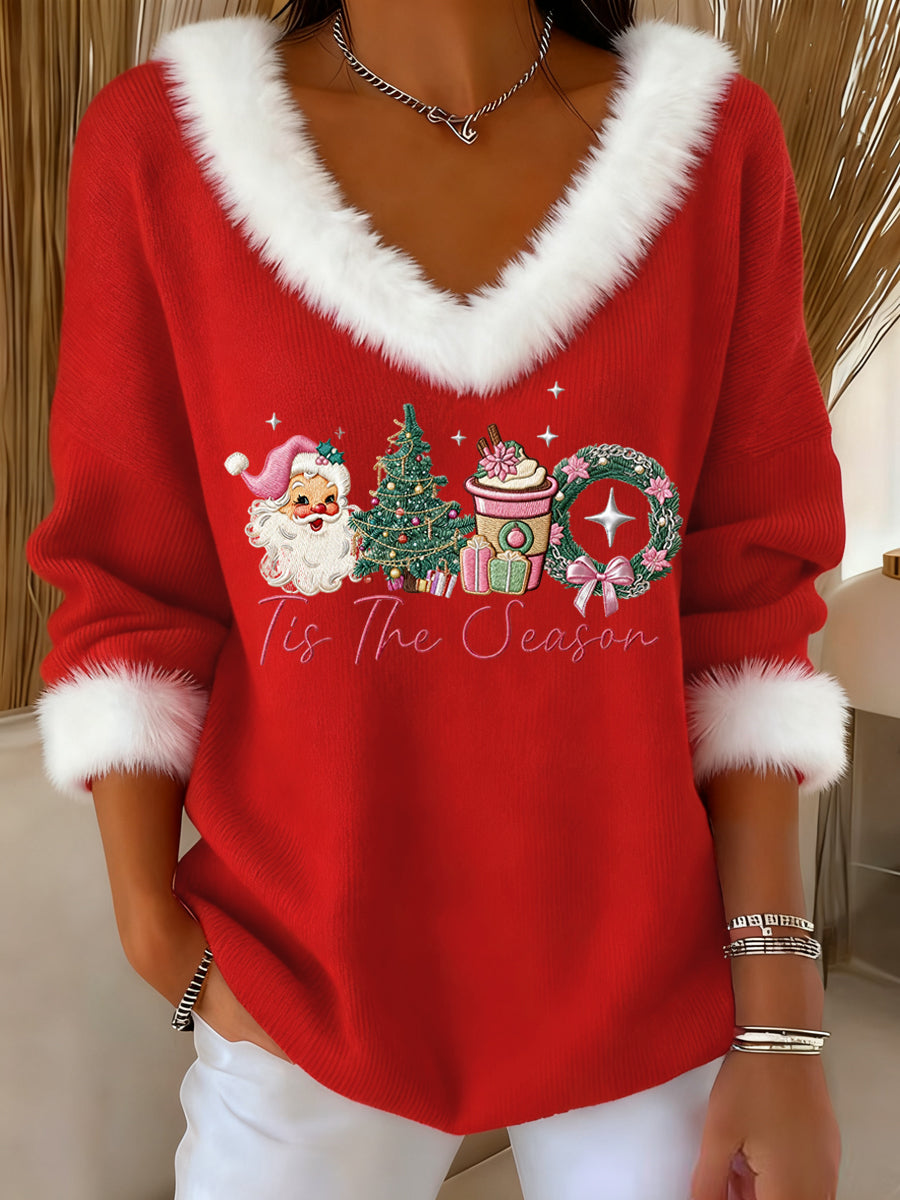 Women's Pink Christmas Sants Claus Print Casual Fur Collar V-Neck Top