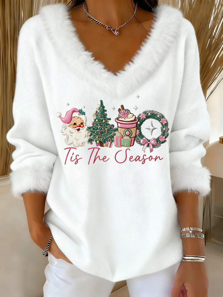 Women’s Pink Christmas Sants Claus Print Casual Fur Collar V-Neck Top White / S