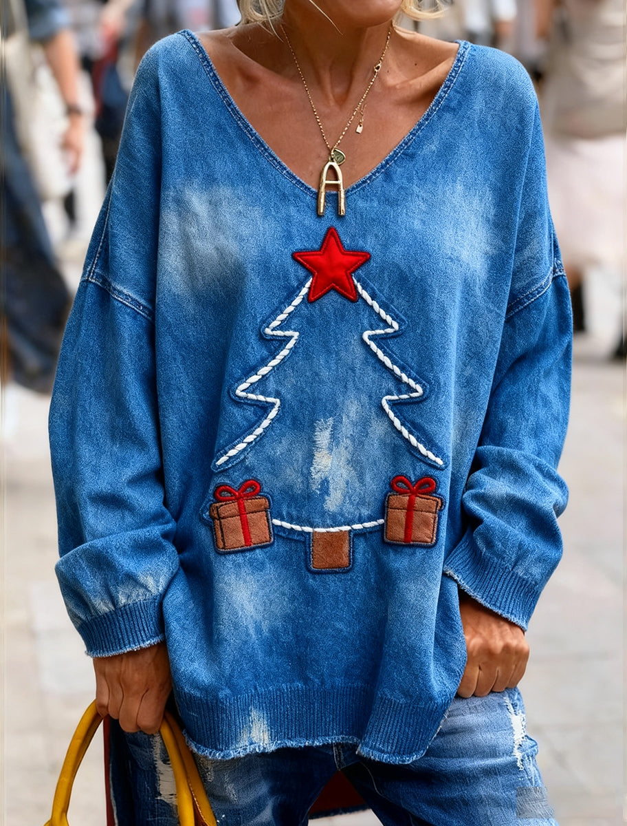 Women's Vintage Christmas Art Print Cozy Knit Top