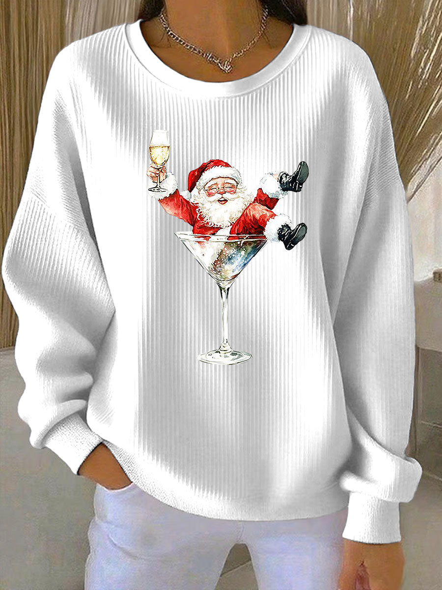 Women's Santa Claus and red wine glass print Ribbed Round-Neck Sweatshirt