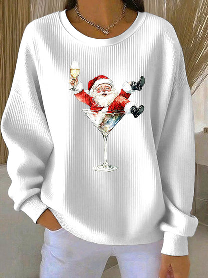Women's Santa Claus and red wine glass print Ribbed Round-Neck Sweatshirt
