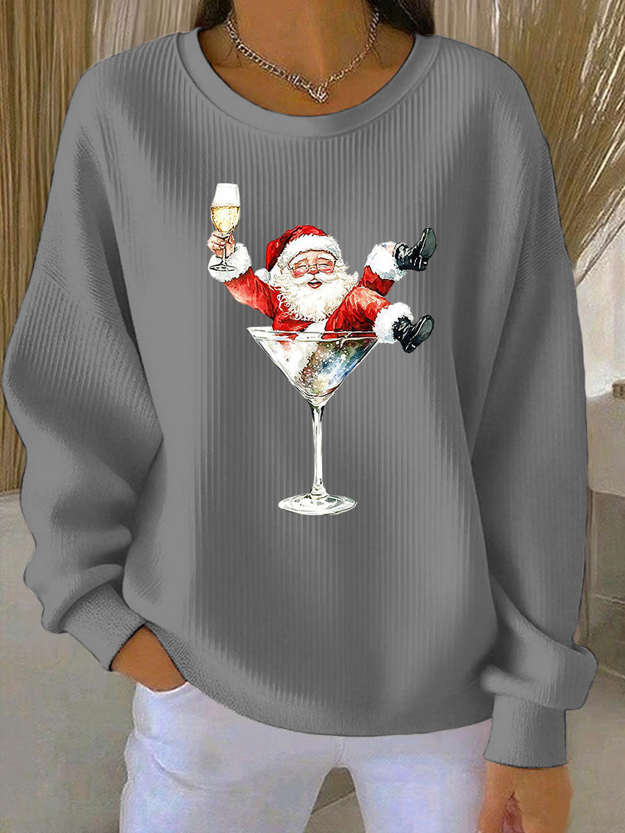 Women's Santa Claus and red wine glass print Ribbed Round-Neck Sweatshirt