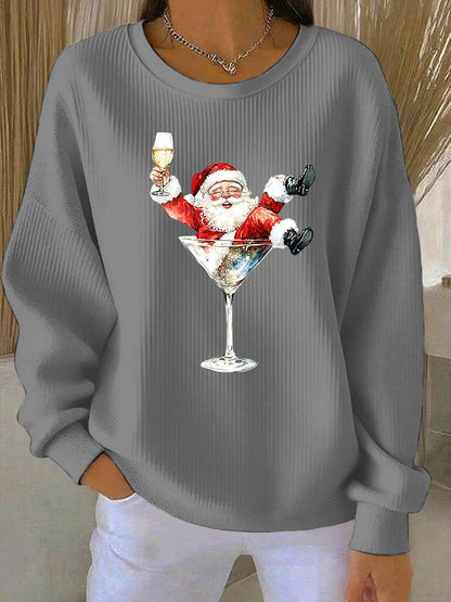 Women's Santa Claus and red wine glass print Ribbed Round-Neck Sweatshirt