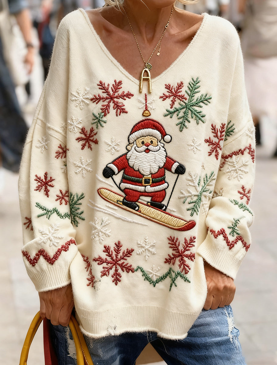 Women's Vintage Christmas Art Print Cozy Knit Top