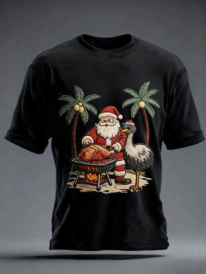 Men's Vintage Tropical Santa Claus Print Christmas Tee