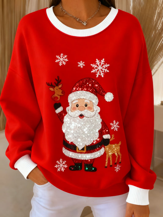 Retro Christmas Glitter Santa Claus Printed Casual Loose Long Sleeve Top