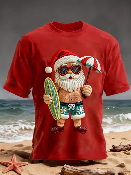 Men's Vintage Tropical Santa Claus Print Christmas Tee