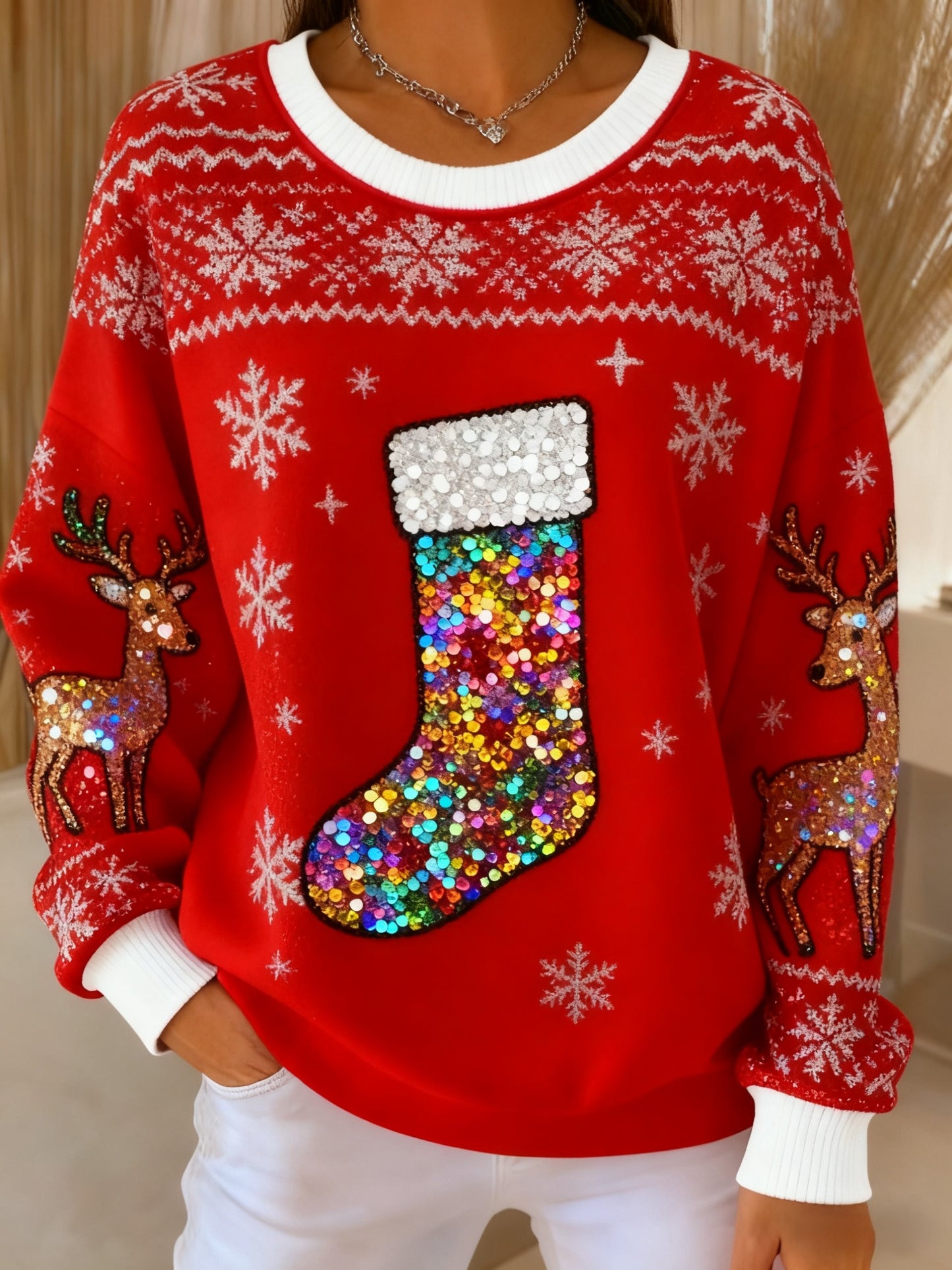 Vintage Christmas Sequined Stocking Printed Casual Loose Long Sleeve Top