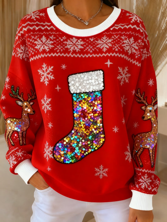 Vintage Christmas Sequined Stocking Printed Casual Loose Long Sleeve Top