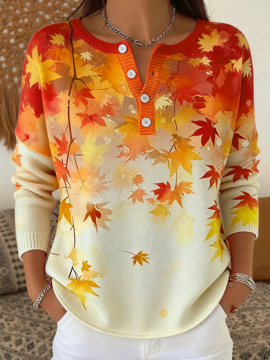 Women's Thanksgiving Gradient Maple Leaf Art V-Neck Top