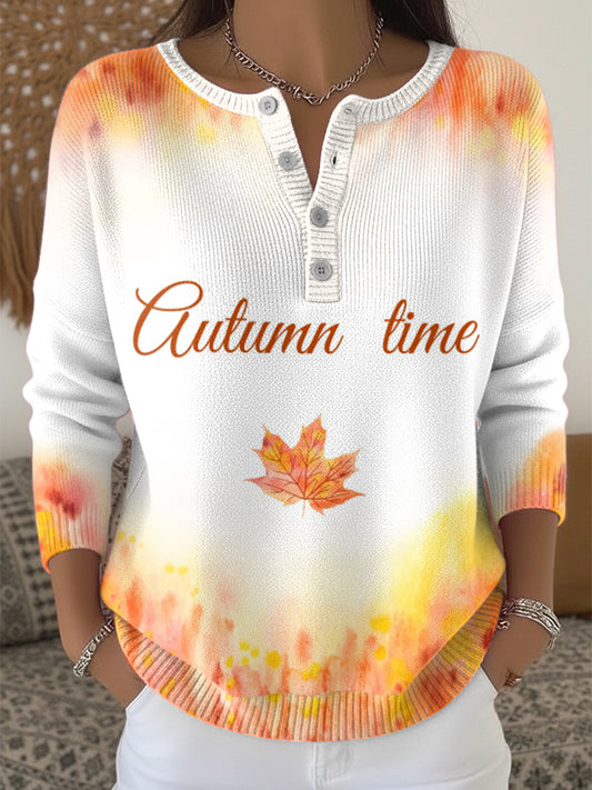 Women's Autumn Maple Leaf Henley neck sweater