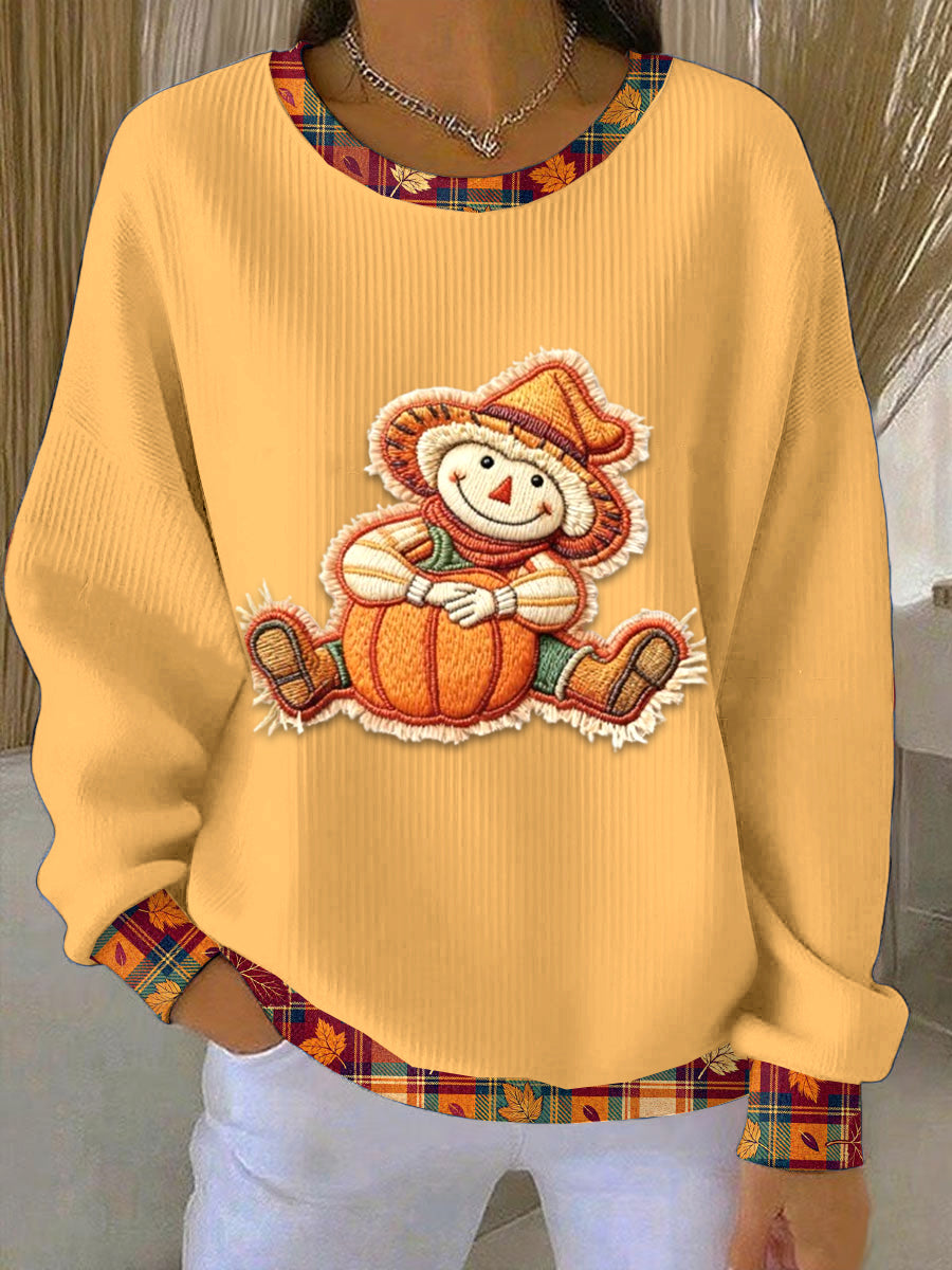 Women’s Thanksgiving Patchwork Print Loose-Fit Crewneck Pullover Orange / S