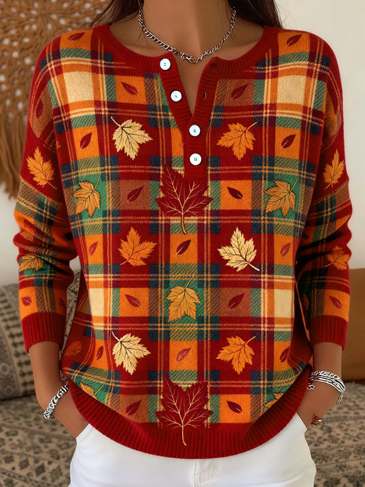 Women's Thanksgiving Vintage Maple Leaf Plaid Art V-Neck Top