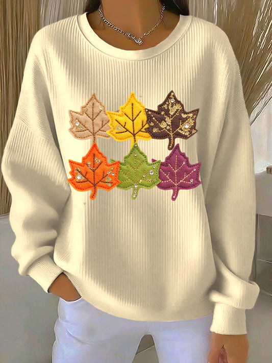Women's Thanksgiving Maple Leaf Patchwork Art Crewneck Pullover