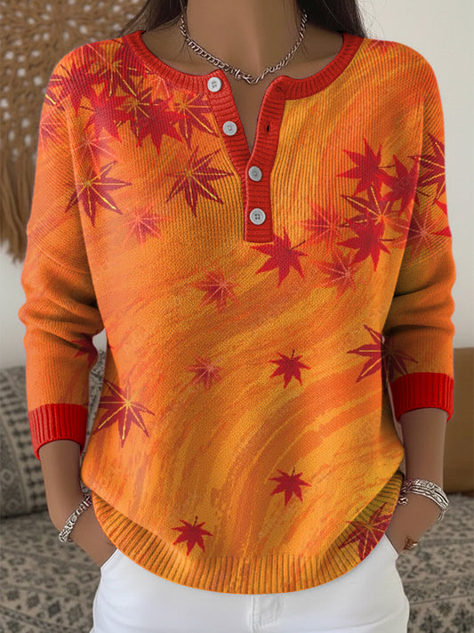 Women's Thanksgiving Abstract Art Maple Leaf V-Neck Top