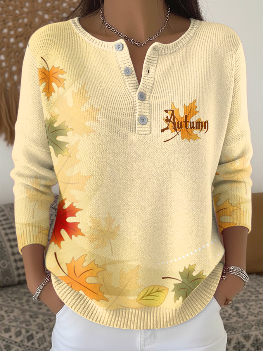 Women’s Autumn Thanksgiving Fashion Henley neck sweater Yellow / S