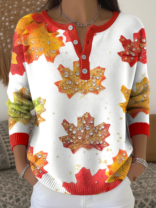 Women's Thanksgiving Colorful Maple Leaf Art V-Neck Top